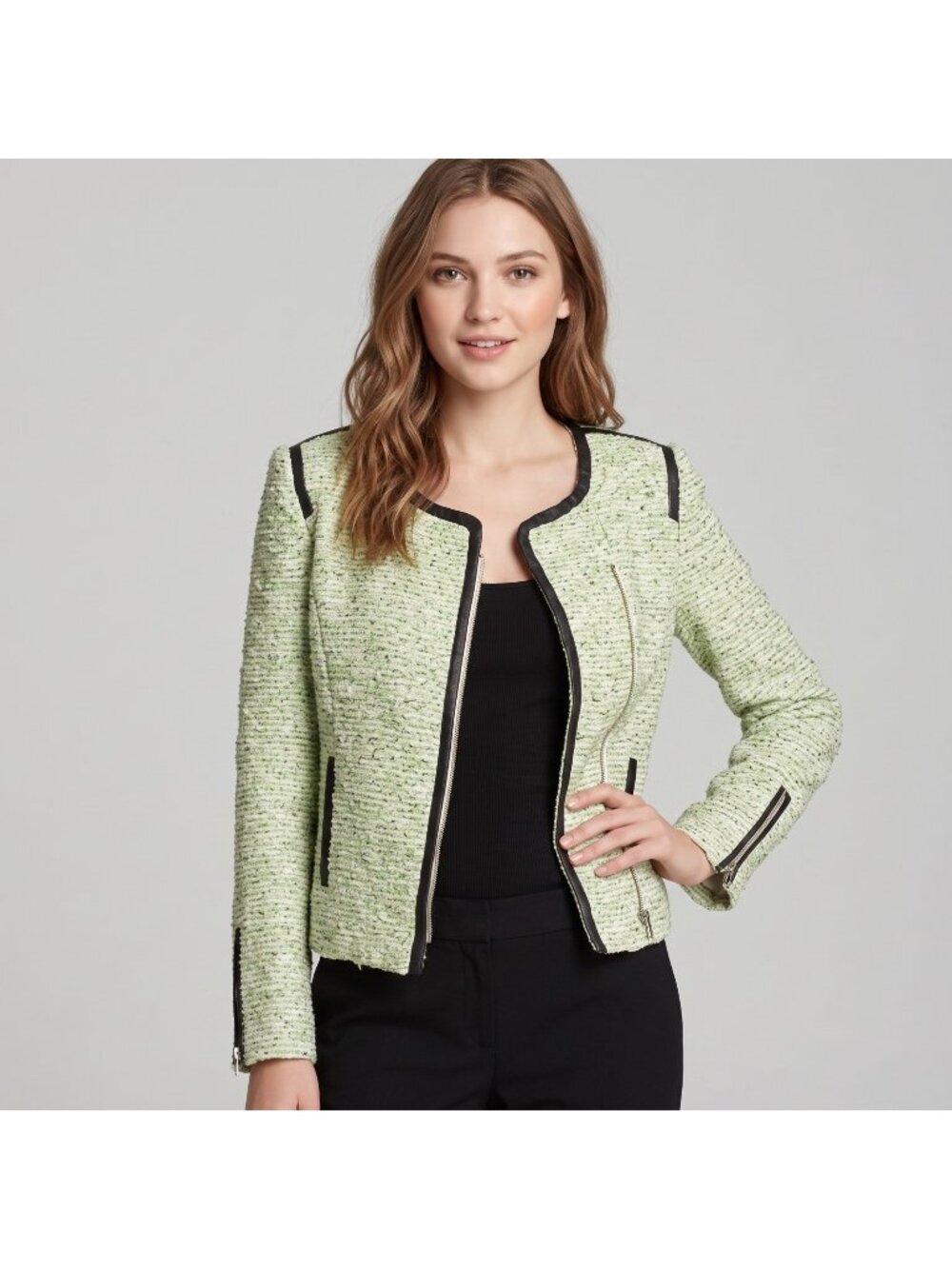 Romeo & Juliet Couture Faux Leather Trim Tweed Jacket in Lime in size M NWT $255